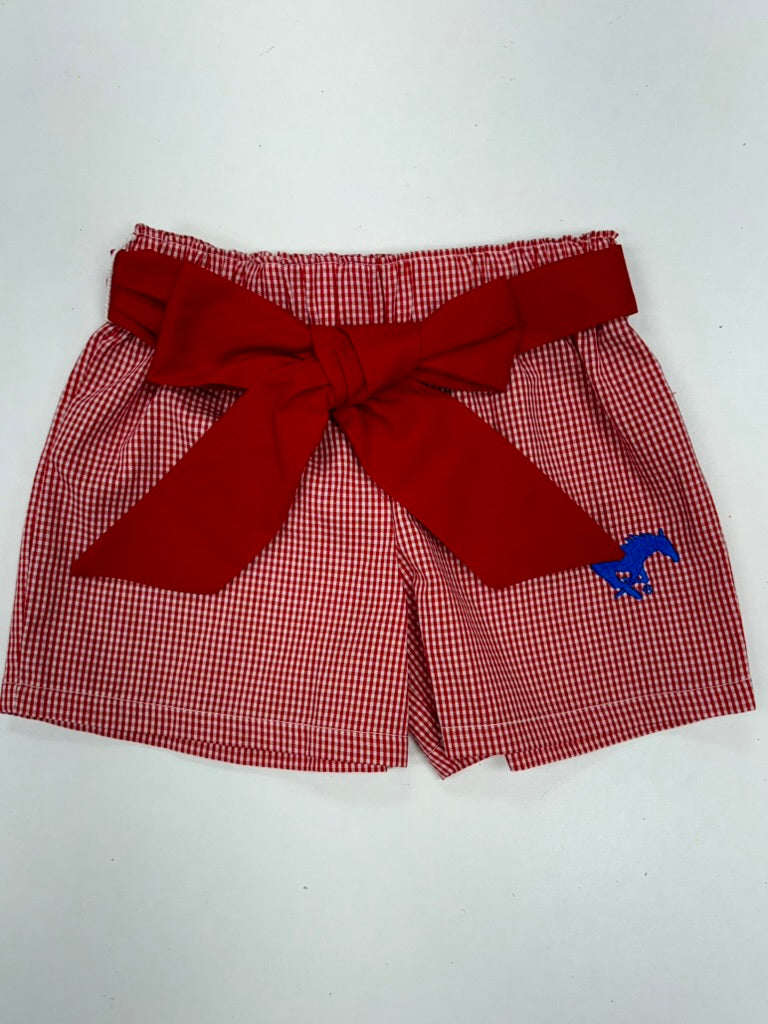 SMU Mustangs Embroidered Red Gingham Girls Short with Sash
