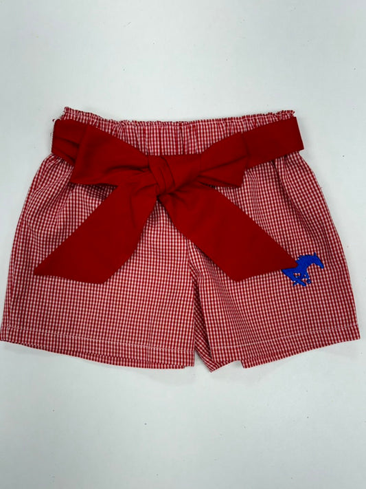 SMU Mustangs Embroidered Red Gingham Girls Short with Sash
