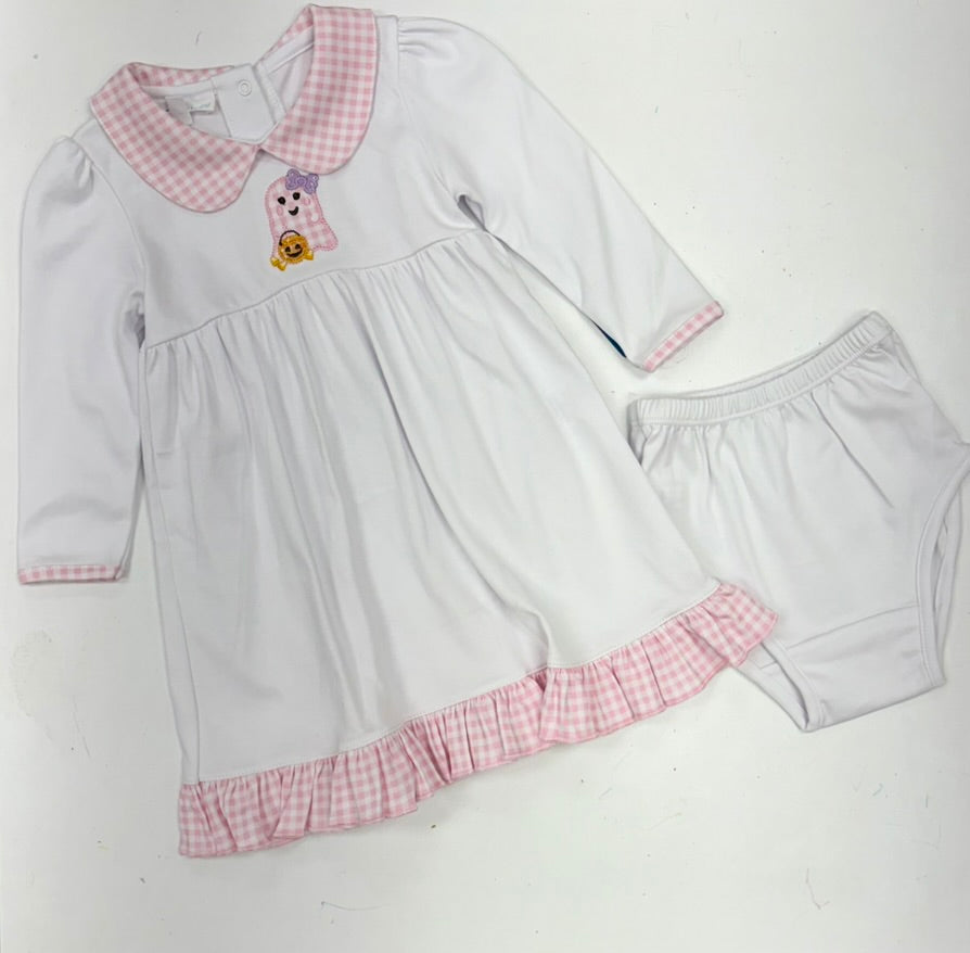 Boo Crew! Applique Collared Long Sleeve Dress - Pink