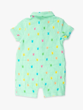 Green Bunny Stripe Cotton Gauze Button Up Romper
