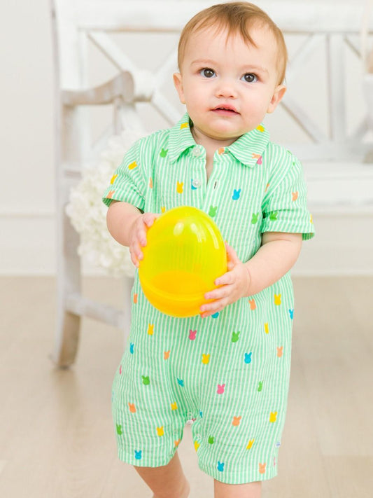 Green Bunny Stripe Cotton Gauze Button Up Romper
