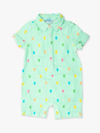 Green Bunny Stripe Cotton Gauze Button Up Romper