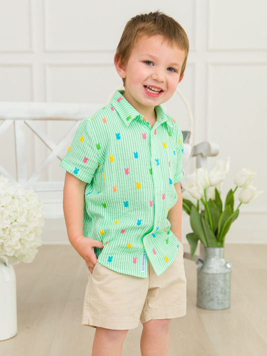 Green Bunny stripe cotton guaze s/s button down shirt