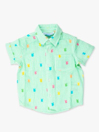 Green Bunny stripe cotton guaze s/s button down shirt