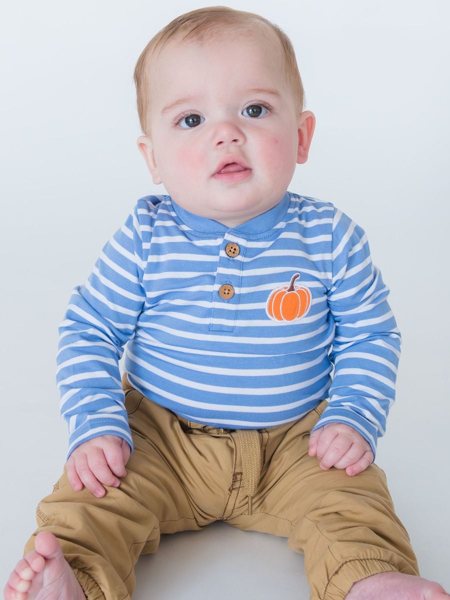 Pumpkin Periwinkle stripe l/s henley bodysuit
