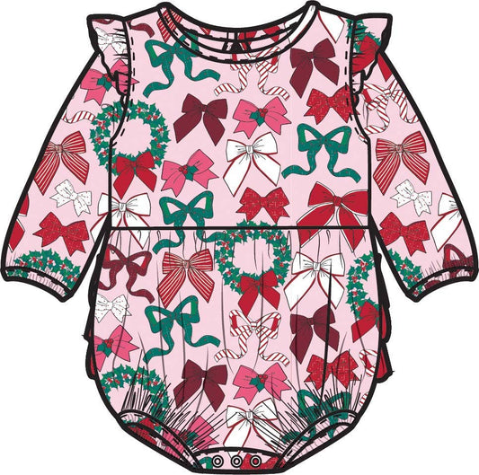 Baby Girls Holly Bows Knit Long Sleeve Flutter Bubble Romper