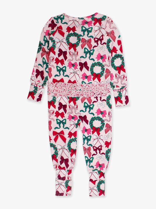SoftSnooze™ Baby Girls Bamboo Viscose Holly Bows Convertible Ruffle One Piece Footie Pajama