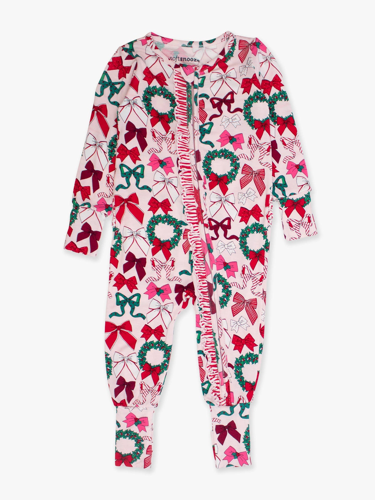 SoftSnooze™ Baby Girls Bamboo Viscose Holly Bows Convertible Ruffle One Piece Footie Pajama