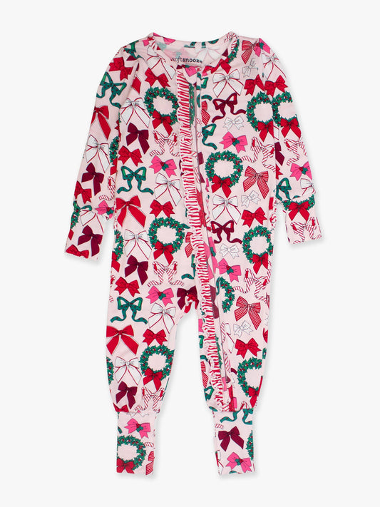 SoftSnooze™ Baby Girls Bamboo Viscose Holly Bows Convertible Ruffle One Piece Footie Pajama