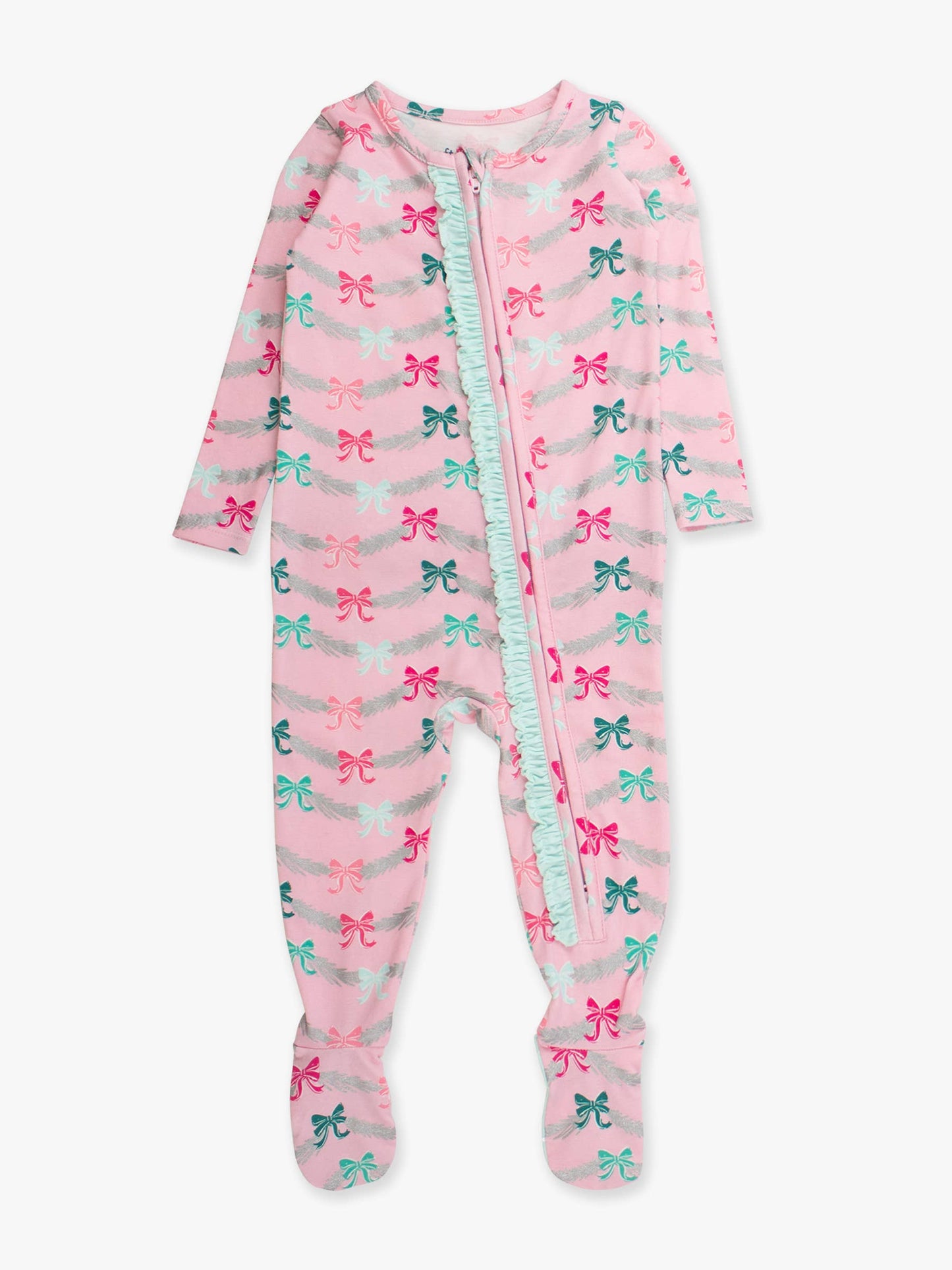 SoftSnooze™ Baby Girls Modal Blend Sparkle Pink Tinsel Tidings Footed Ruffle One Piece Pajama