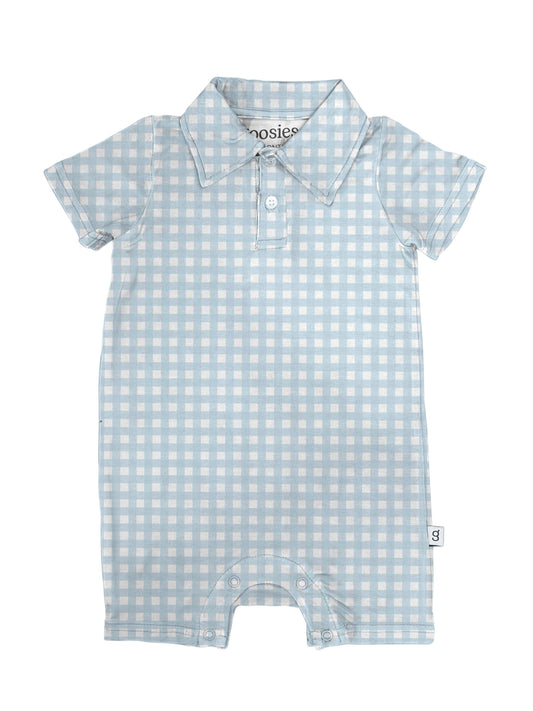 Short Sleeve Polo Romper -Blue Gingham