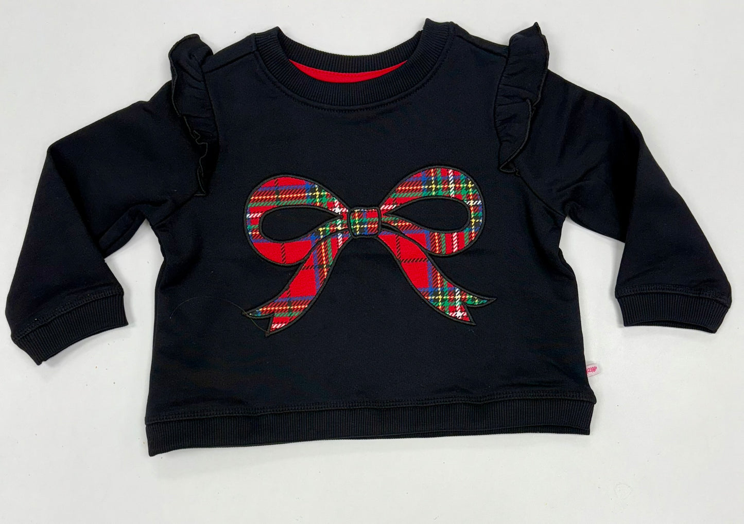 Girls Nicholas Plaid Bow Black Applique Flutter Sweatshirt