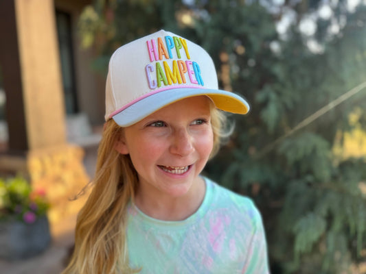 Tween Embroidered Baseball Cap - "Happy Camper" - Cream