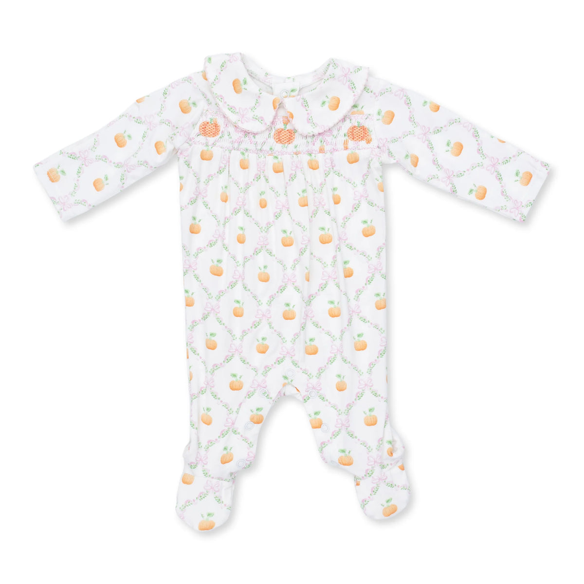 Pretty Pumpkin Trellis- Smocked Peter Pan Snap Footie