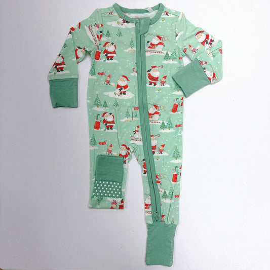 Golfing Santa and Elves Zipper Romper - Green