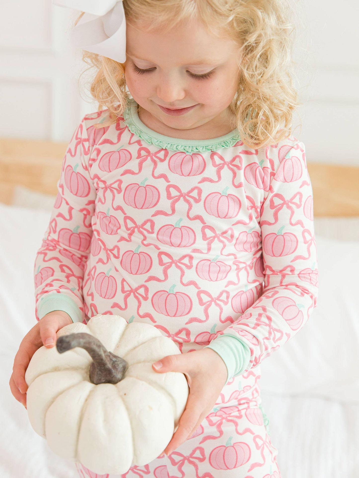 Pink Fairytale Pumpkins Ruffle Long Sleeve Pajama Set with Signature Rear Ruffles