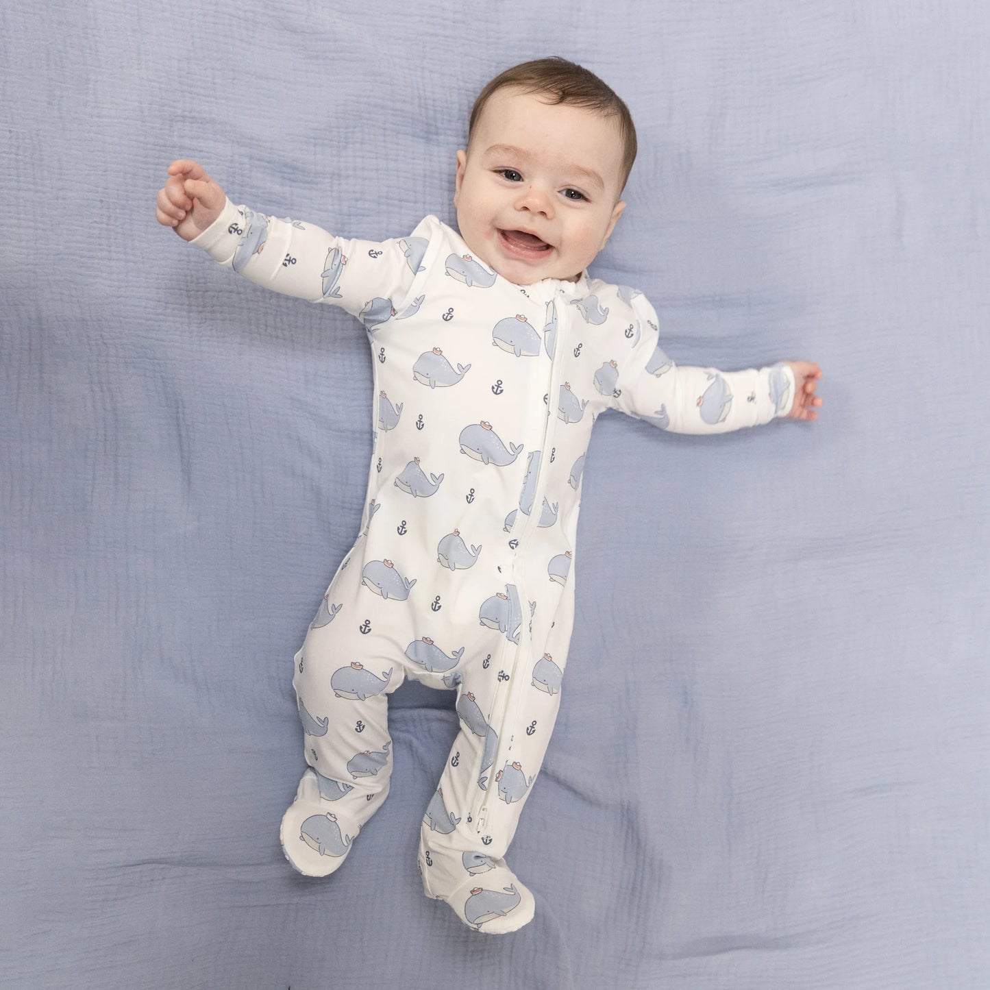 bubble Sailor Whales- 2 way zipper footie