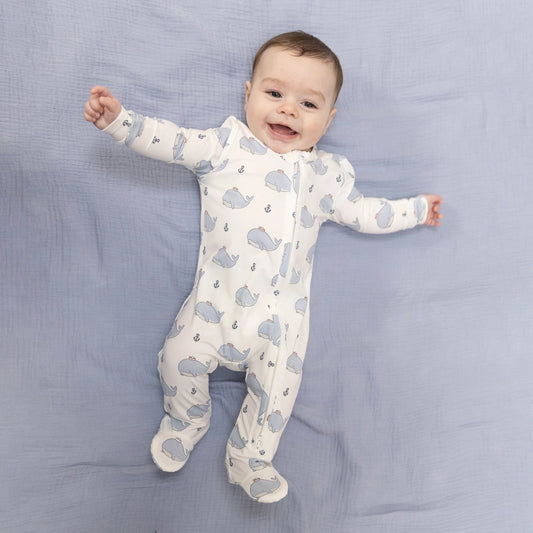bubble Sailor Whales- 2 way zipper footie