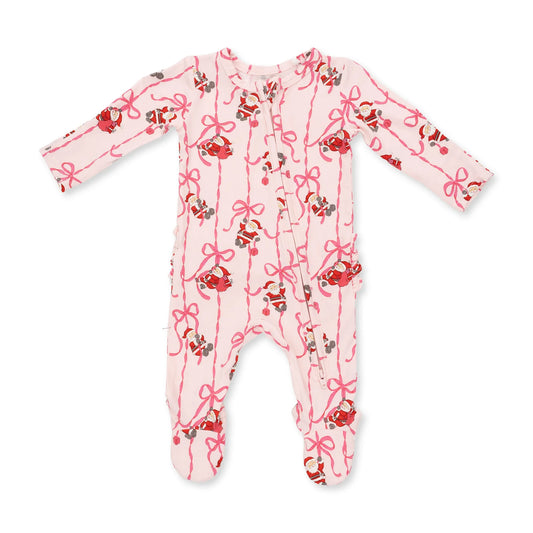 Bows & Santa- 2 Way Ruffle Back Zipper Footie