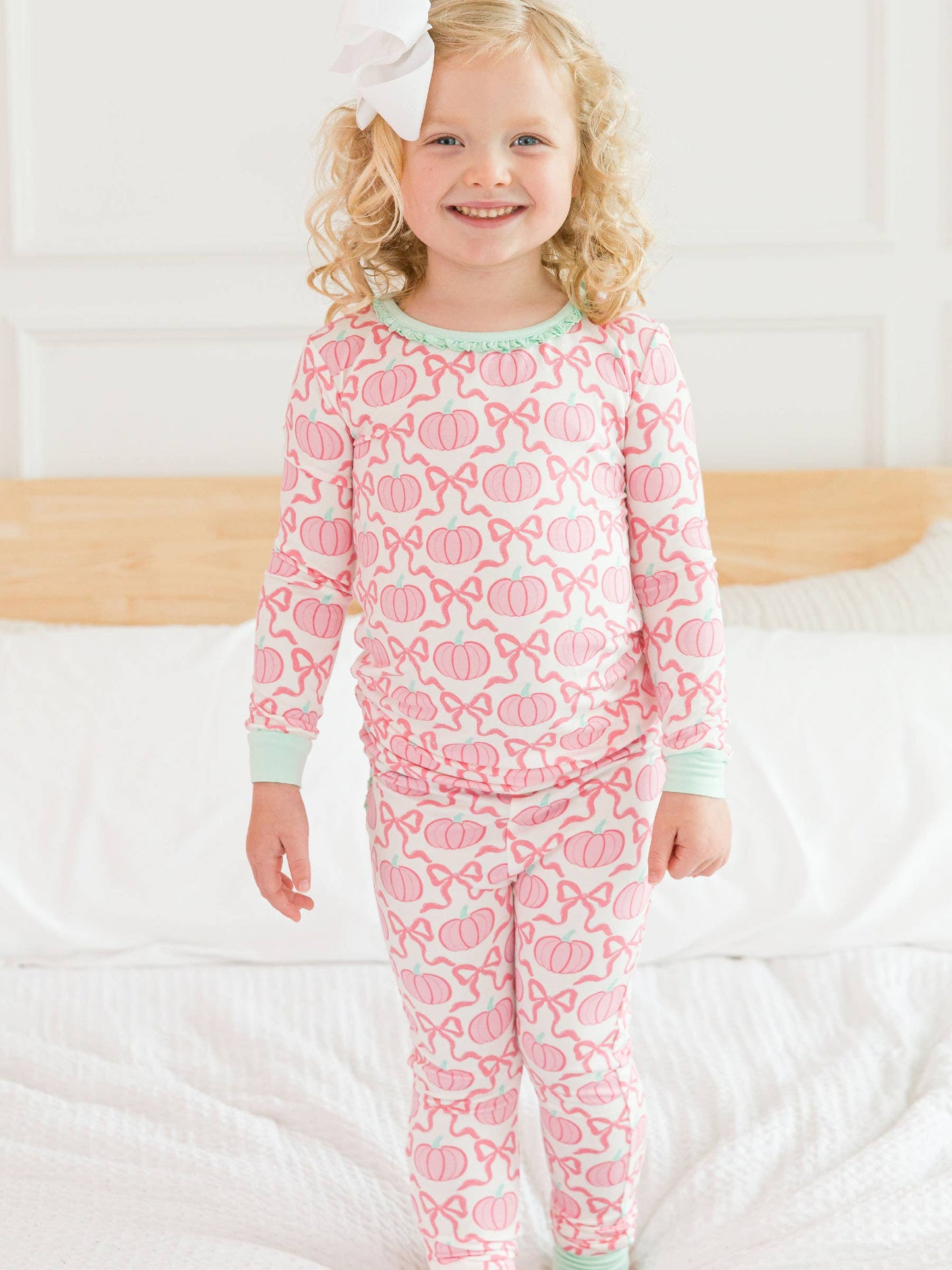 Pink Fairytale Pumpkins Ruffle Long Sleeve Pajama Set with Signature Rear Ruffles