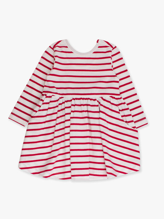 Girls Red & White Stripe Knit Long Sleeve Twirl Dress