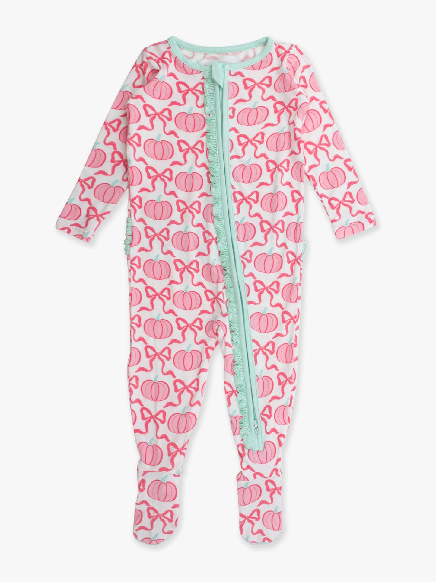 SoftSnooze™ Baby Girls Bamboo Viscose Pink Fairytale Pumpkins Footed Ruffle One Piece Pajama