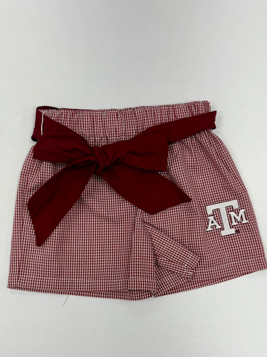 TAMU Embroidered Maroon Gingham Girls Short with Sash