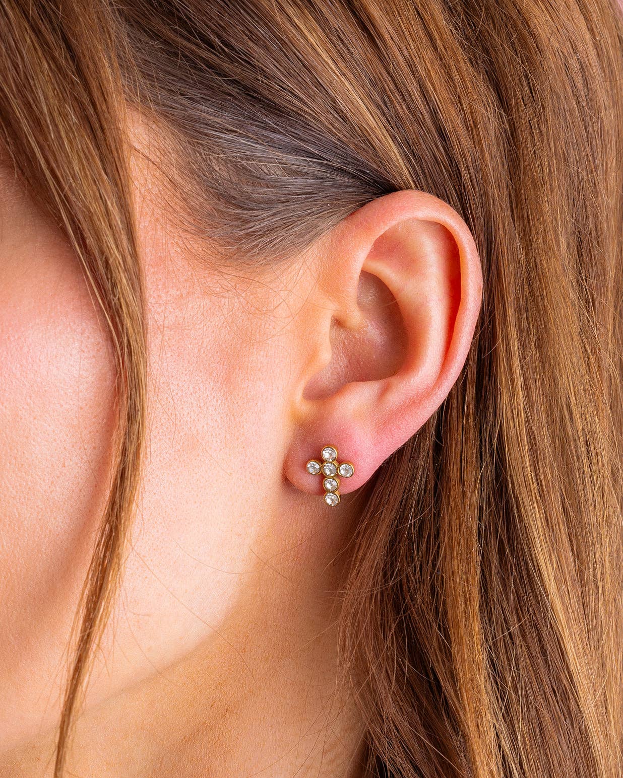Stud Earrings - Gold-Plated + Crystal Gem Crosses - Faith