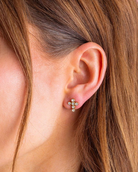 Stud Earrings - Gold-Plated + Crystal Gem Crosses - Faith