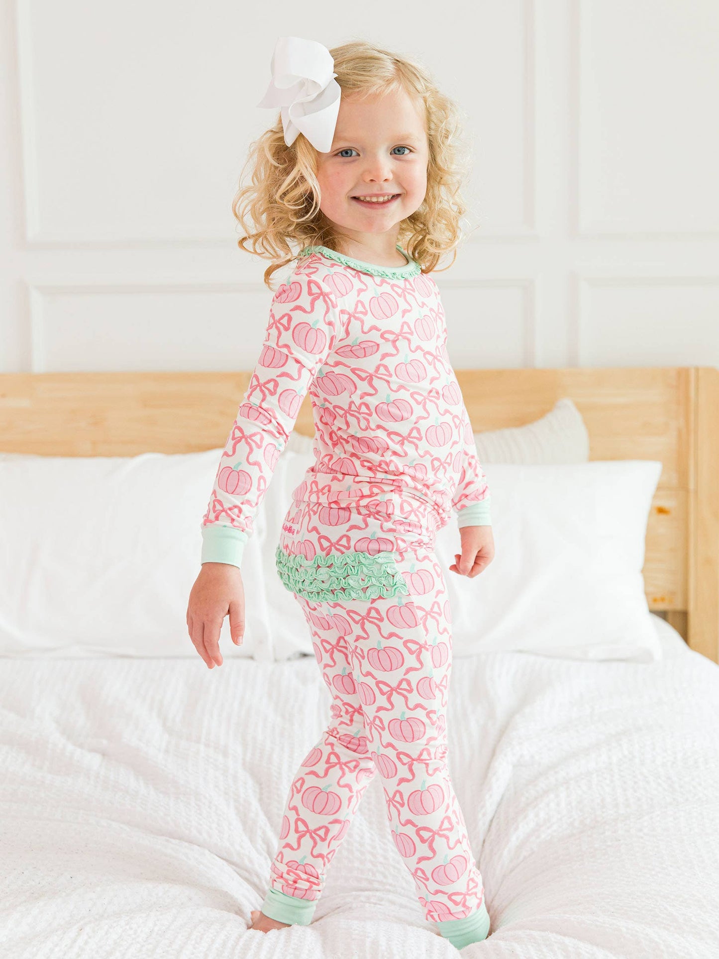 Pink Fairytale Pumpkins Ruffle Long Sleeve Pajama Set with Signature Rear Ruffles