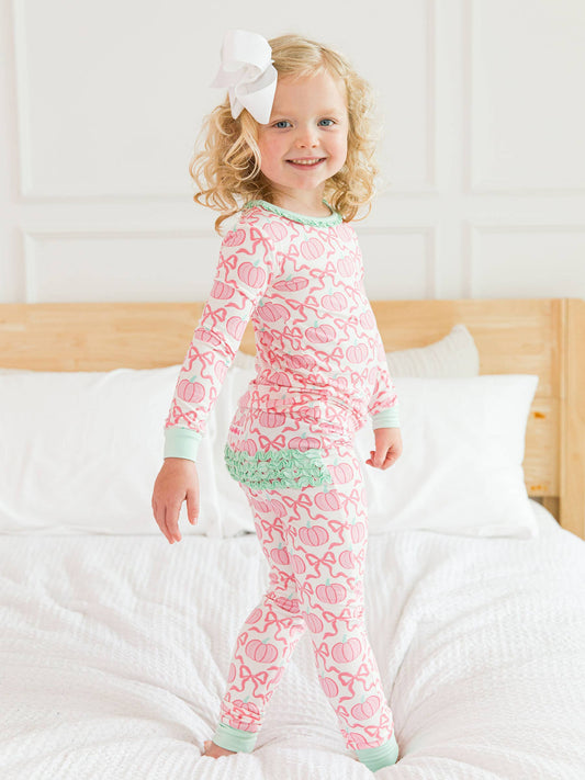 Pink Fairytale Pumpkins Ruffle Long Sleeve Pajama Set with Signature Rear Ruffles