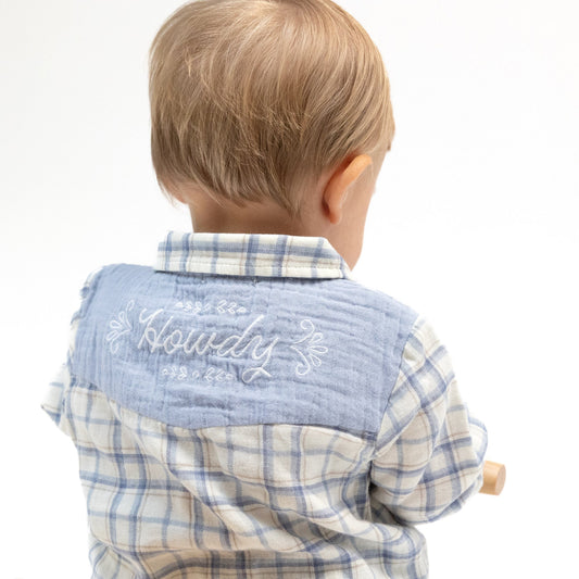 Western Pearl Snap Shirt Blue Plaid