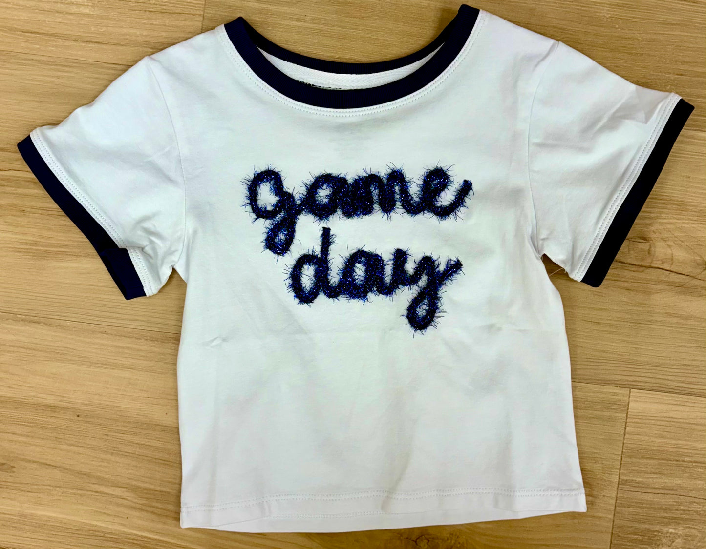 Tinsel Game Day Ringer Boxy T Navy