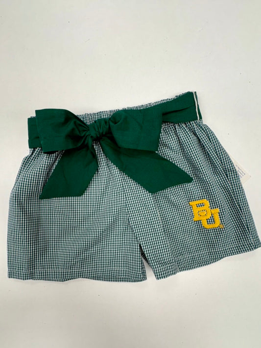 Baylor Bears Embroidered Hunter Green Gingham Girls Short with Sash