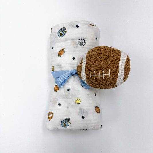 Sports Swaddle & Rattle Set