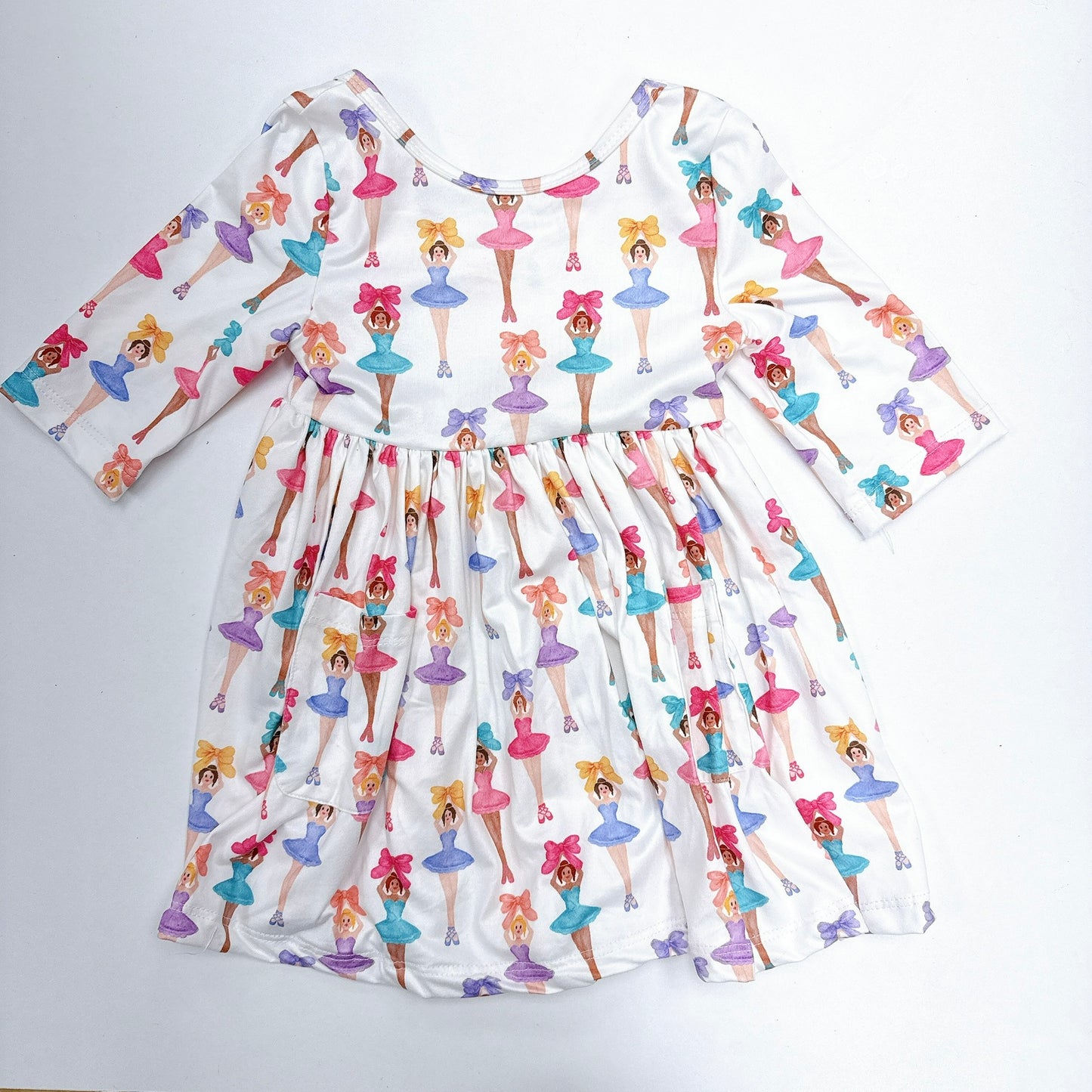 Ballerina Bows 3/4 Sleeve Pocket Twirl Dress
