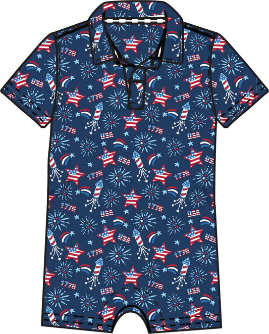 Red White Boom Performance Polo Romper