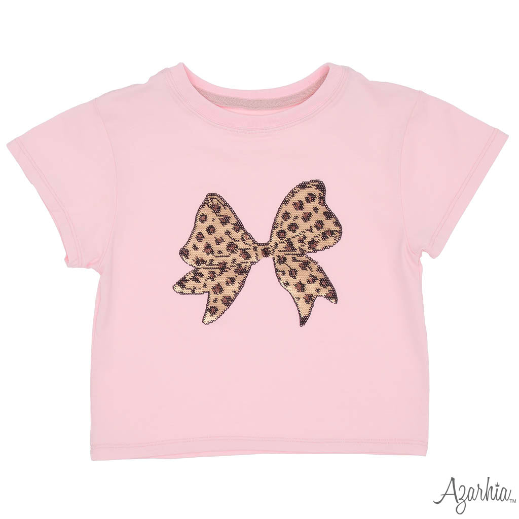 Sequin Leopard Bow on Light Pink Boxy T