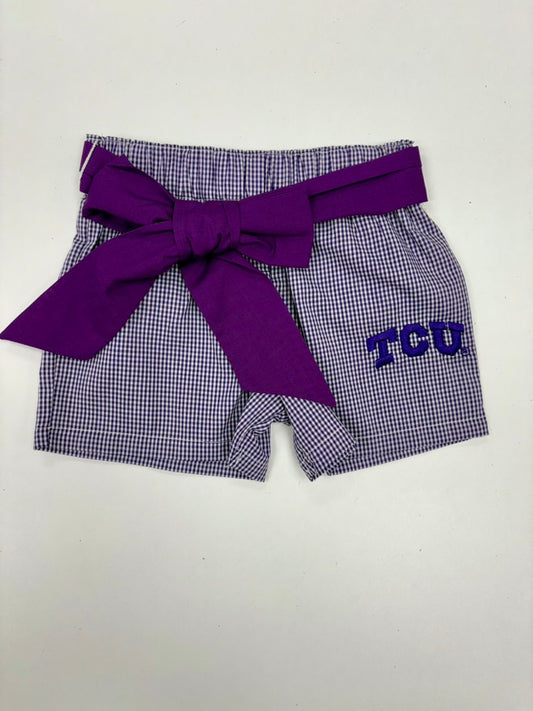 TCU Embroidered Purple Gingham Girls Short with Sash