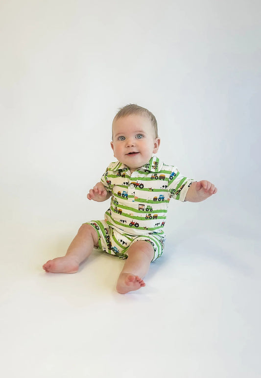 SS Polo Romper- Farm Stripes