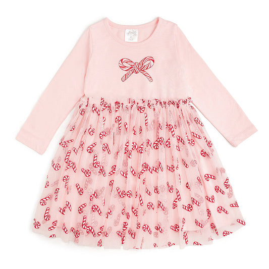Candy Cane Confetti Christmas Long Sleeve Tutu Dress