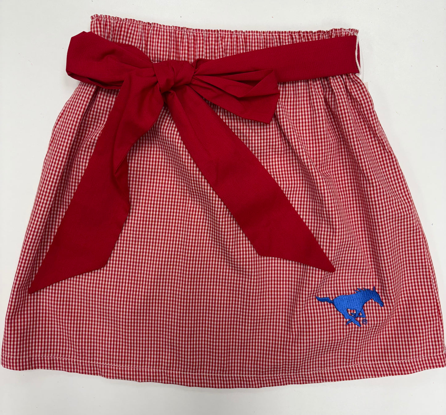 SMU Mustangs Embroidered Red Gingham Skirt with Sash