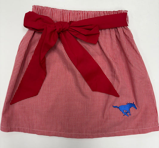 SMU Mustangs Embroidered Red Gingham Skirt with Sash