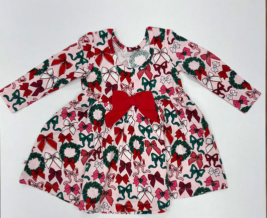 Holly Bows Knit Long Sleeve Twirl Dress