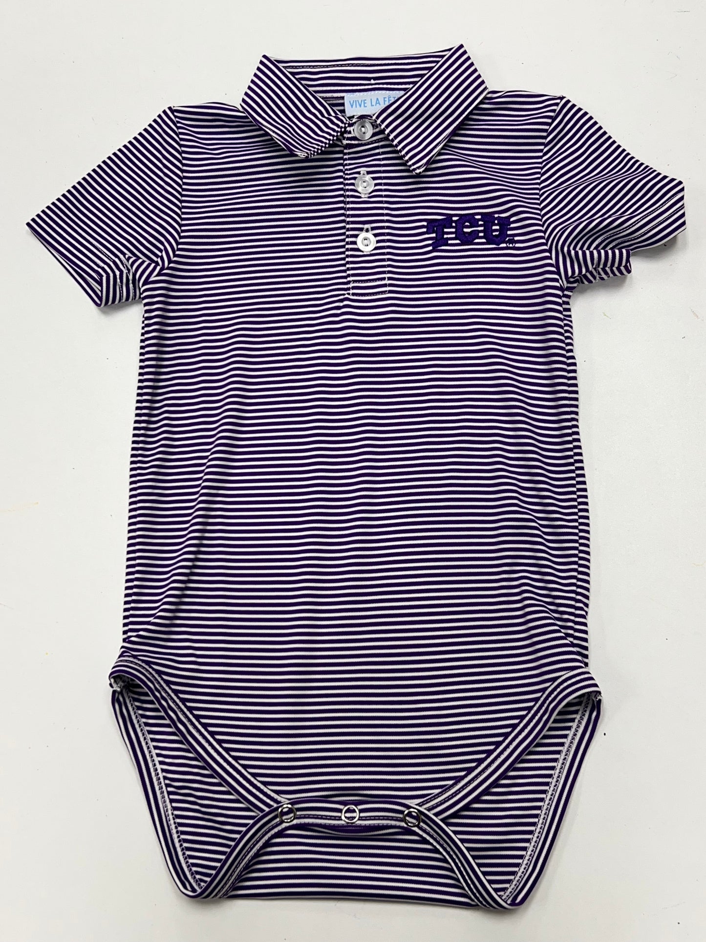 TCU Horned Frogs Embroidered Purple Stripe Knit Polo Onesie