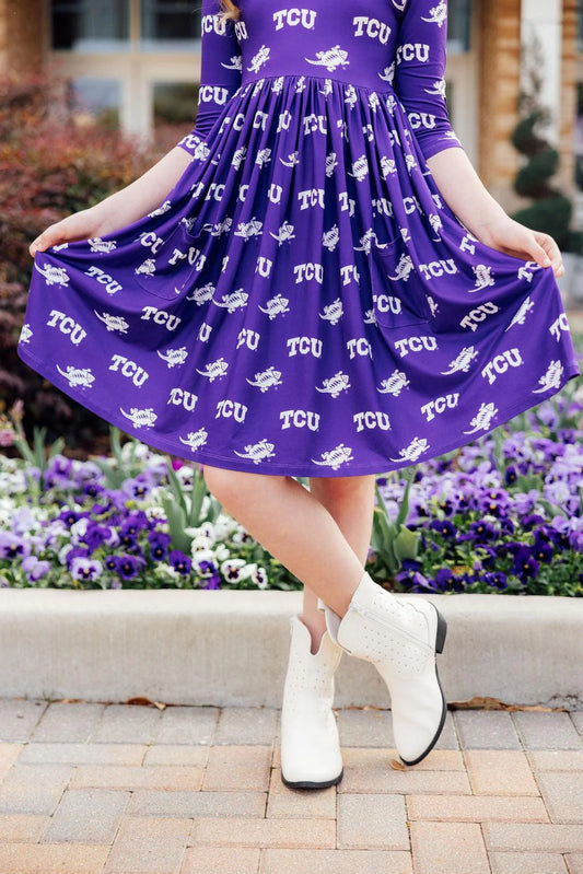TCU Purple Frog 3/4 Sleeve Pocket Dress