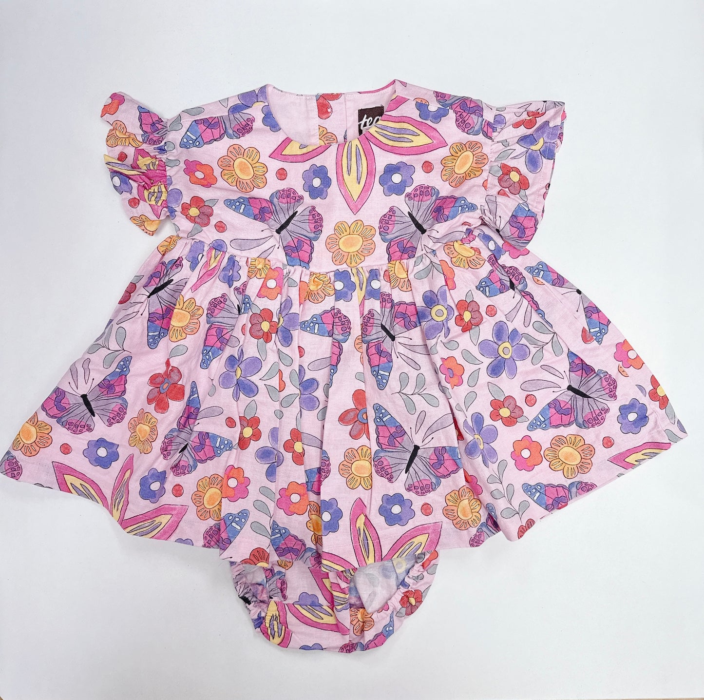 Ruffle Sleeve Baby Dress Set - Butterfly Tile