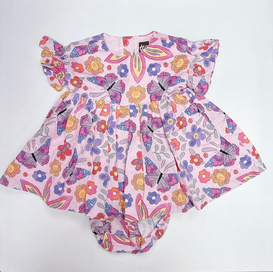 Ruffle Sleeve Baby Dress Set - Butterfly Tile