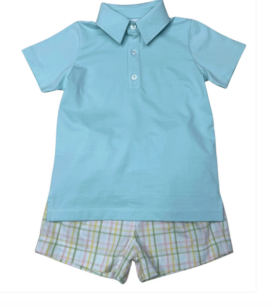 Pastel prep plaid polo short set