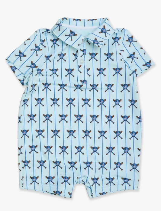Tiny Blue Batter Up Performance polo romper
